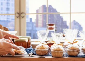 Una imagen visualmente atractiva y realista que capture la esencia de un negocio de comida casera en Nueva York. Muestra una cocina casera luminosa y acogedora. En primer plano, hay una selección apetitosa de alimentos que típicamente se permiten bajo las leyes de alimentos caseros (como galletas recién horneadas, cupcakes simples, o frascos de mermelada casera) dispuestos de forma atractiva, quizás con empaques sencillos y elegantes (sin texto visible).