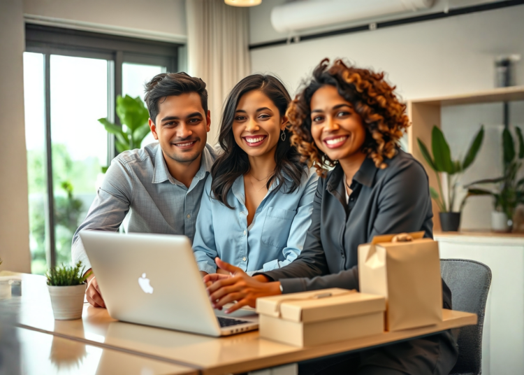 Crea una imagen vibrante y optimista para un post de blog (ratio 16:9). La escena muestra a dos o tres emprendedores hispanos (hombres y mujeres, diversos en edad y apariencia) colaborando en un espacio de trabajo moderno y luminoso o en una oficina en casa bien organizada en Estados Unidos. Están sonriendo y se ven enfocados y exitosos. Uno de ellos podría estar señalando algo en una pantalla de laptop que muestra una interfaz de tienda online colorida o gráficos de crecimiento. Otro podría estar revisando ropa de moda doblada o examinando la calidad de un accesorio. Cerca, puede haber algunas cajas de envío estilizadas (colores neutros o vibrantes como los que usa Shein – blanco, rosa pálido, negro – pero sin logos visibles). El ambiente debe ser profesional pero accesible y lleno de energía positiva. La iluminación debe ser brillante y natural. El estilo debe ser fotorealista o una ilustración moderna y limpia. El fondo debe sugerir un entorno de emprendimiento digital y crecimiento (quizás una ventana con vista urbana sutil o estanterías ordenadas). La imagen debe transmitir oportunidad, tecnología y éxito en el e-commerce para la comunidad hispana." Elementos Clave a buscar en la imagen generada: Representación: Hispanos emprendedores, diversos, con actitud positiva y profesional. Contexto: Espacio de trabajo moderno/oficina en casa en USA. Actividad: Uso de tecnología (laptop), manejo de productos de moda/paquetes. Temática Shein (sutil): Ropa de moda actual, paquetes estilizados (sin logos). Tono/Mood: Optimista, exitoso, tecnológico, empoderador. Estilo: Vibrante, limpio, fotorealista o ilustración moderna. Formato: Horizontal (16:9 ideal para blogs). Esta descripción debería dar como resultado una imagen visualmente atractiva y muy relevante para tu artículo sobre negocios con Shein para emprendedores hispanos.