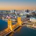 Aerial shot of the Tower Bridge spanning across the Sacramento River in California.