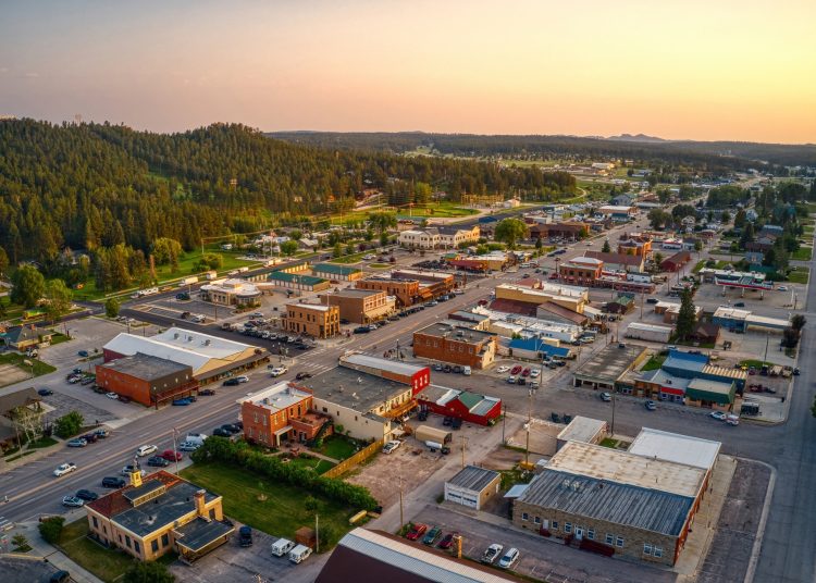 Aerial View of Custer, South Dakota at Sunset