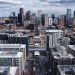Aerial view of skyscrapers of Denver, Colorado under a cloudy sky