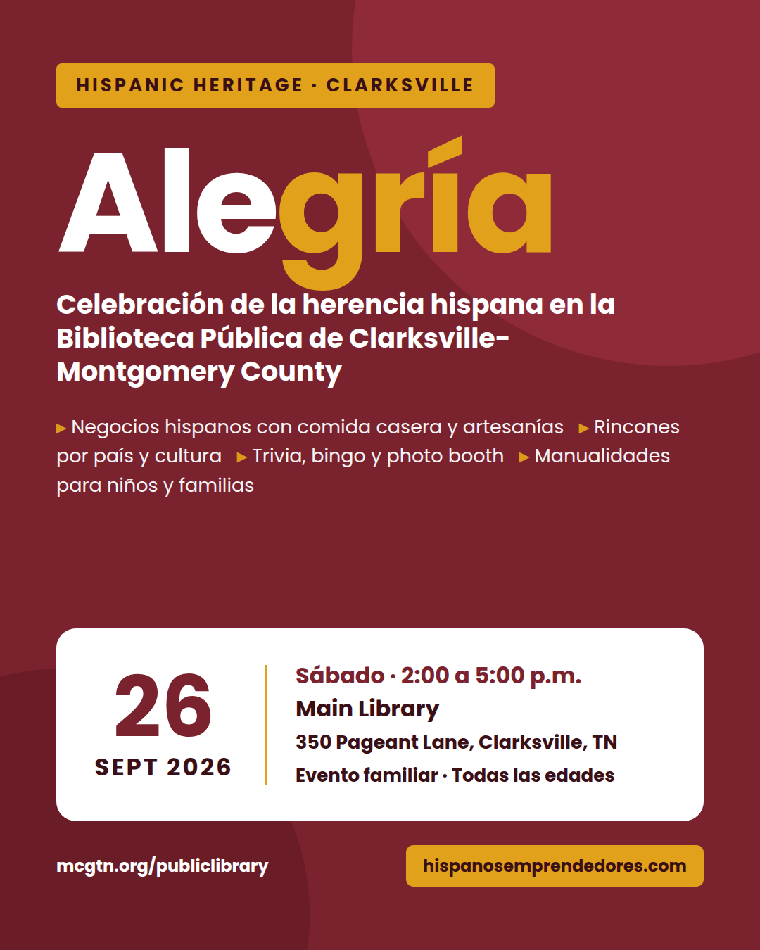 Alegría 2026 – celebración de la herencia hispana en la Biblioteca Pública de Clarksville-Montgomery County, 26 de septiembre